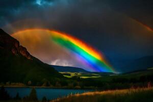 ai generato un' arcobaleno al di sopra di un' lago e montagne foto