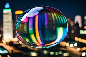 ai generato un' colorato bolla con città luci nel il sfondo foto