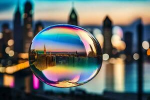 ai generato un' colorato bolla con un' città orizzonte nel il sfondo foto