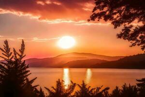 ai generato il sole imposta al di sopra di un' lago e montagne foto