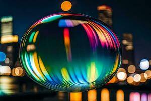 ai generato un' colorato bolla con città luci nel il sfondo foto