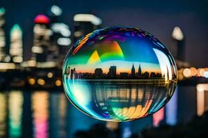 ai generato un' colorato bolla con un' città orizzonte riflessa nel esso foto