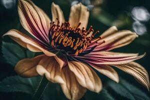 ai generato un' vicino su di un' fiore con Marrone e giallo petali foto