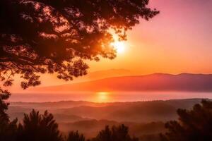 ai generato il sole ambientazione al di sopra di il oceano e montagne foto