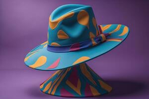 ai generato un' cappello con un' blu e giallo modello su un' viola sfondo. generativo ai foto