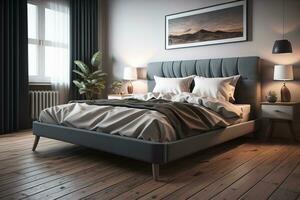 ai generato moderno Camera da letto interno design con grigio muri, di legno pavimento, confortevole re dimensione letto con Due cuscini. ai generativo foto
