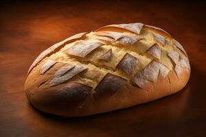 ai generato appena al forno pagnotta di pane su un' di legno tavolo. tonica. generativo ai foto