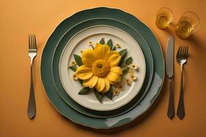 ai generato elegante tavolo ambientazione con giallo fiore e posate su arancia sfondo. generativo ai foto