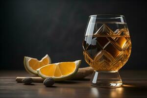 ai generato bicchiere di whisky con ghiaccio cubi, Limone e cannella bastoni su di legno tavolo. generativo ai foto