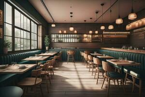 ai generato interno di un' moderno bar con blu muri e di legno pavimento. ai generativo foto