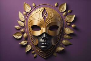 ai generato d'oro maschera con d'oro le foglie su un' viola sfondo. generativo ai foto