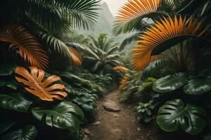 ai generato un' sentiero nel tropicale foresta pluviale con palma alberi e sentiero nel il nebbia. ai generativo foto