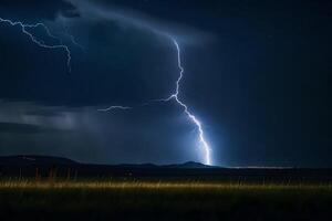 ai generato un' fulmine bullone è visto nel il cielo al di sopra di un' campo foto