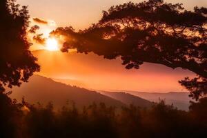 ai generato tramonto al di sopra di il montagne foto