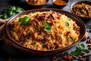 ai generato pollo biryani nel un' ciotola con spezie e erbe aromatiche foto