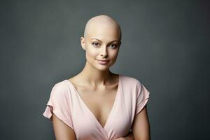 ai generato ritratto di caucasico Calvo ragazza, alopecia e cancro consapevolezza foto