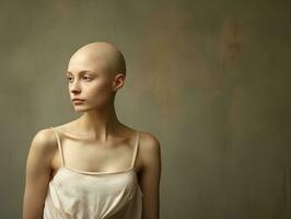 ai generato ritratto di caucasico Calvo ragazza, alopecia e cancro consapevolezza foto