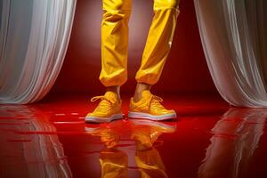 ai generato un' uomo nel giallo pelle pantaloni e scarpe da ginnastica. foto