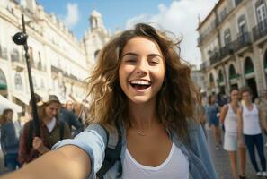 ai generato donna nel un' grande umore assunzione selfie nel il città. foto