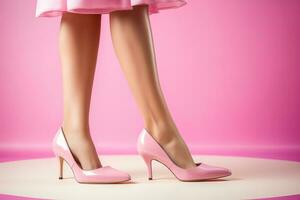 ai generato avvicinamento Visualizza di Da donna gambe su rosa sfondo. foto