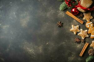 Natale composizione con regalo scatole, carta palle abete rami pino coni con copia spazio. Natale di ai generato foto