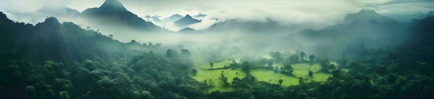 ai generato panorama di il bellissimo montagna paesaggio con nebbia e nebbia nel il mattina foto