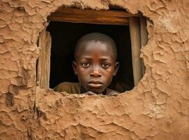 ai generato un' triste africano ragazzo guardare su di il finestra. ai generato foto