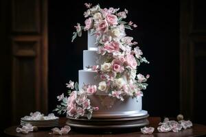 ai generato un elegante Immagine di un' stanco nozze torta ornato con delicato zucchero fiori e intricato dettagliare. generativo ai foto