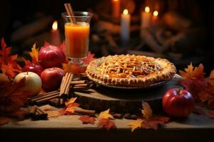 ai generato un' festivo autunno scena con Mela Cedro, cannella bastoni, e un' zucca torta circondato di autunno le foglie. generativo ai foto