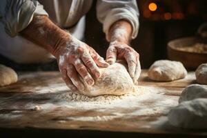 ai generato un' rustico scena di mani impasto Impasto su un' ricoperto di farina superficie, pronto per essere al forno in pane. generativo ai foto