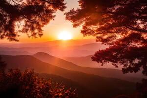 ai generato il sole sorge al di sopra di il montagne nel Questo foto