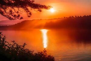 ai generato tramonto al di sopra di lago con alberi e acqua foto