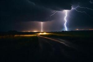 ai generato fulmine al di sopra di un' strada nel il buio foto