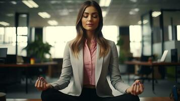 ai generato un' donna Meditare nel un ufficio foto