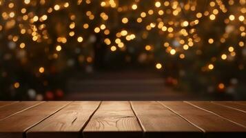 ai generato legna tavolo con Natale luci nel il sfondo foto