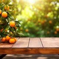 ai generato un arancia albero con arance su il tavolo foto