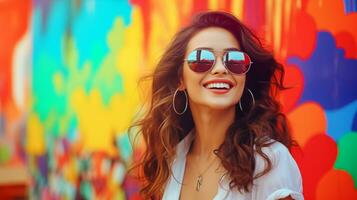 ai generato un' donna indossare occhiali da sole e sorridente nel davanti di un' colorato parete foto