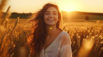 ai generato un' donna è sorridente nel un' campo di Grano foto