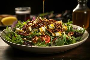 ai generato un' buongustaio insalata con misto verdi, canditi noccioline, capra formaggio, e un' pioggerella di piccante vinaigrette. generativo ai foto