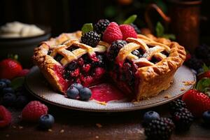 ai generato un' avvicinamento di un' sormontato da un reticolo frutta torta con un' miscela di frutti di bosco spargimento su a partire dal fra il d'oro Crosta. generativo ai foto