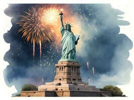 ai generato statua di libertà con notte tempo con fuochi d'artificio celebrazione foto