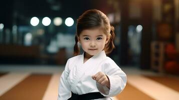 ai generato generativo ai, bambino vestito nel un' bianca karatè kimono, pratica taekwondo, karatè, judo foto