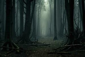 ai generato misterioso buio foresta con nebbia nel il mattina. Halloween concetto, un' buio foresta con numerose alberi coperto nel nebbia, ai generato foto