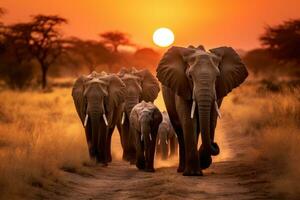 ai generato elefanti nel il savana a tramonto, kenya, Africa, un' mandria di elefanti a piedi attraverso un' asciutto erba campo a tramonto con il sole ambientazione nel il sfondo, ai generato foto