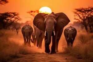 ai generato elefanti nel chobe nazionale parco, Botswana, Africa, un' mandria di elefanti a piedi attraverso un' asciutto erba campo a tramonto con il sole ambientazione nel il sfondo, ai generato foto