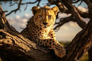 ai generato ghepardo dire bugie su albero tronco nel serengeti nazionale parco, Tanzania, un' ghepardo è macchiato su un' albero nel serengeti nazionale parco, Tanzania, ai generato foto