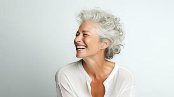 ai generato 50s mezzo anziano anziano anziano modello donna con grigio capelli sorridente bianca sfondo. ai generato foto