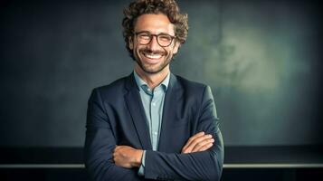 ai generato bello uomo d'affari contento e sorridente. giovane uomo nel inteligente completo da uomo in posa nel ufficio con completo da uomo . ai generato foto