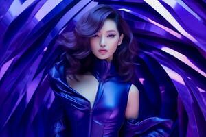 ai generato foto di bellissimo asiatico modello indossare metaverso futuristico moda. cyberpunk donna ai generato