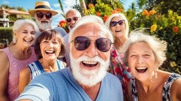 ai generato gruppo di elegante guardare anziano persone assunzione autoscatto con smartphone, contento e sorridente.ai generato foto